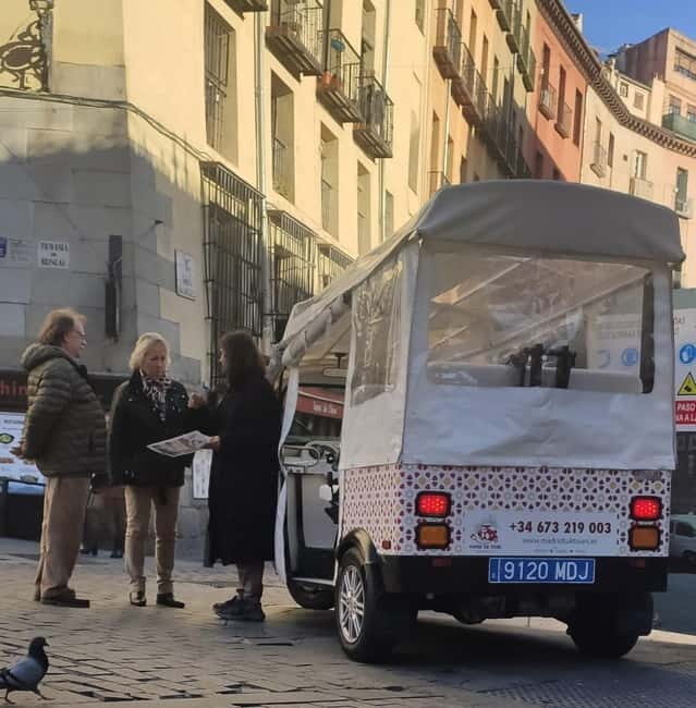 Madrid: City Tours - 6 seats private ecological tuk tuk - From C. de Vergara toward the Royal Palace: the “court Madrid” start